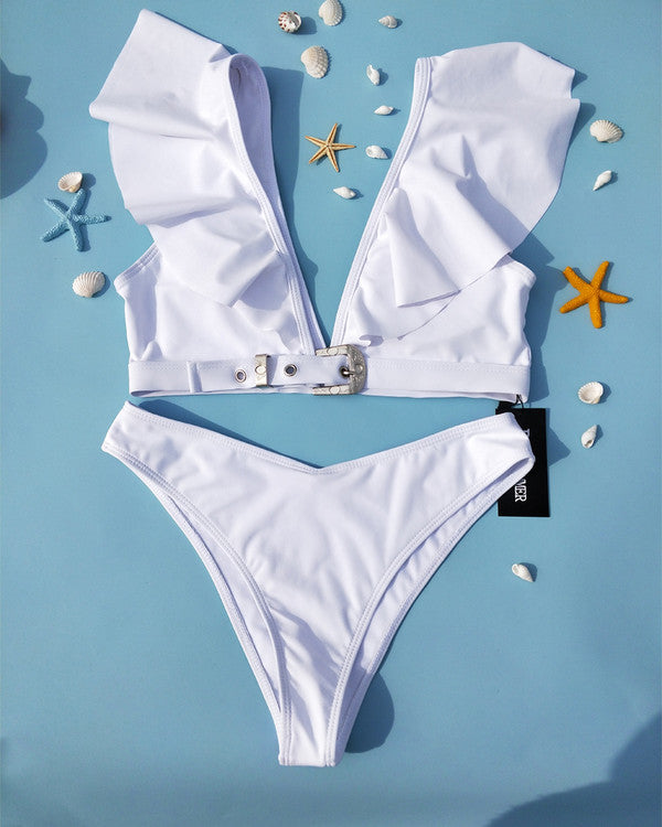 Sexy Deep V Neck Flouncing Shoulder Bikini Sets