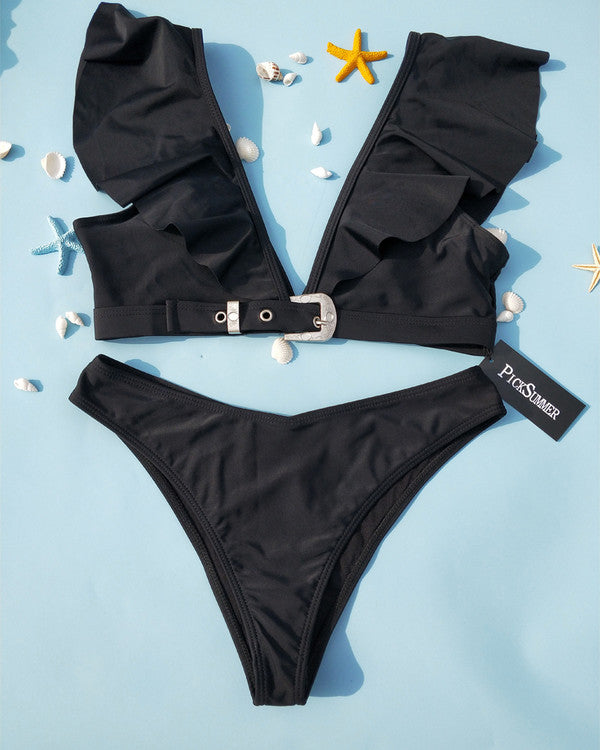 Sexy Deep V Neck Flouncing Shoulder Bikini Sets