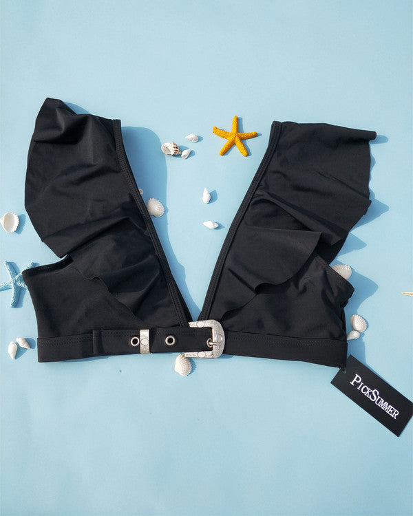 Sexy Deep V Neck Flouncing Shoulder Bikini Sets