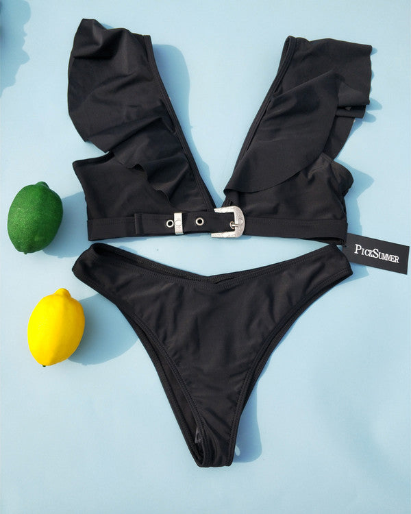 Sexy Deep V Neck Flouncing Shoulder Bikini Sets