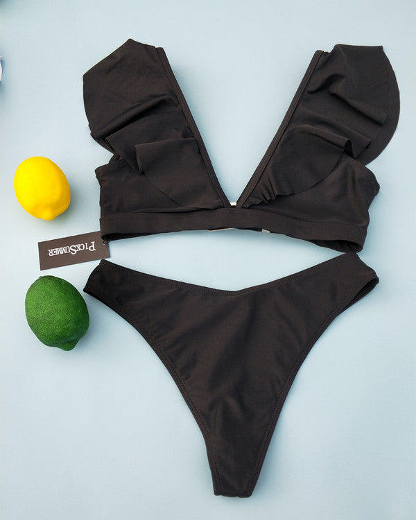 Sexy Deep V Neck Flouncing Shoulder Bikini Sets