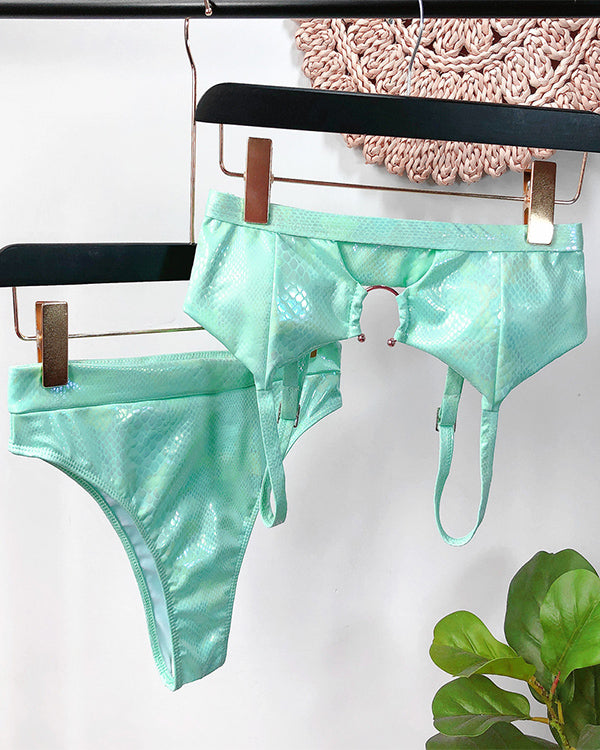 SnakeSkin Fabric Cut Out  High Waisted Bikini Sets