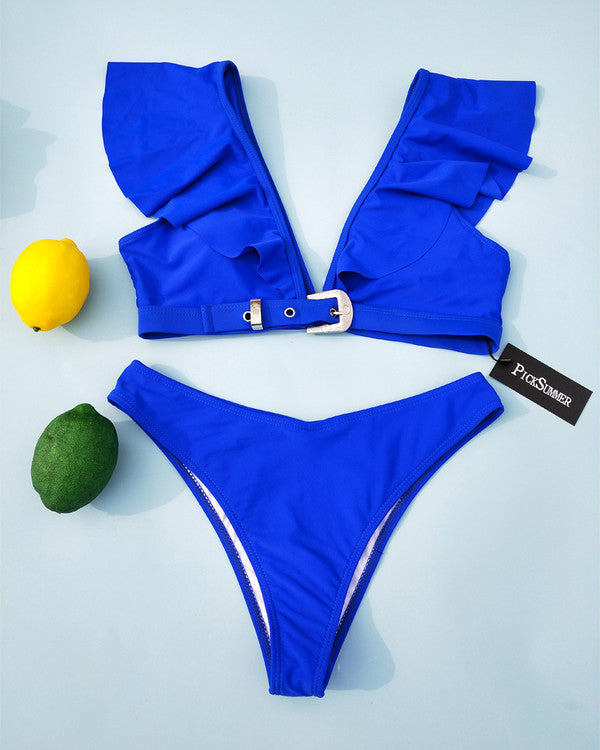 Sexy Deep V Neck Flouncing Shoulder Bikini Sets