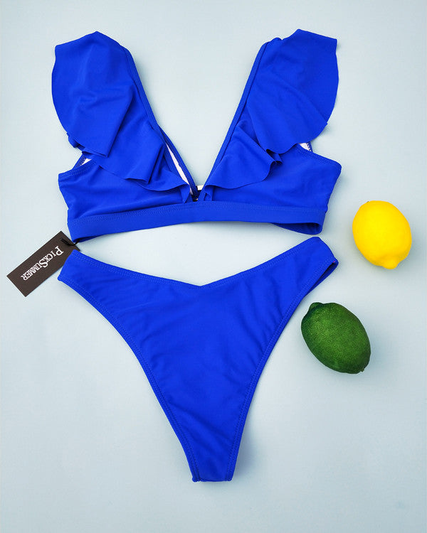 Sexy Deep V Neck Flouncing Shoulder Bikini Sets