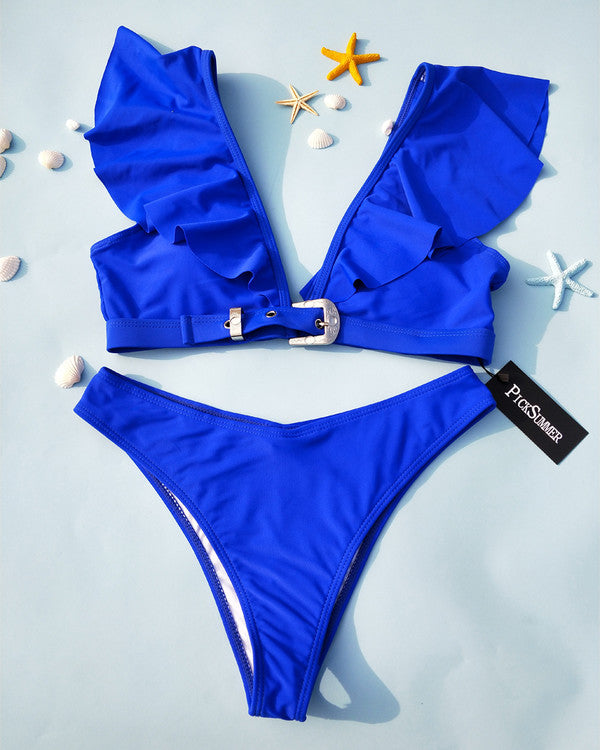 Sexy Deep V Neck Flouncing Shoulder Bikini Sets