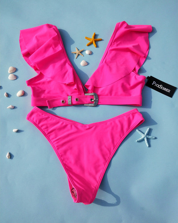 Sexy Deep V Neck Flouncing Shoulder Bikini Sets