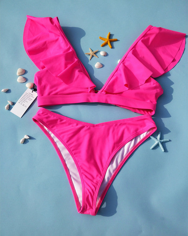 Sexy Deep V Neck Flouncing Shoulder Bikini Sets