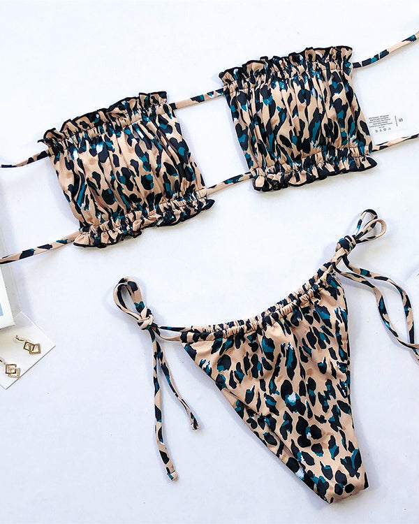 Leopard Print Ruffled Bandeau Tie Side Bikini Sets