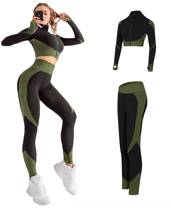 ColorBlock Stand-Up Collar Zipper Jacket And Leggings Gym Sets