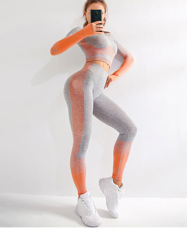 Long Sleeves Crop Tops And High Waisted Seamless Gym Sets