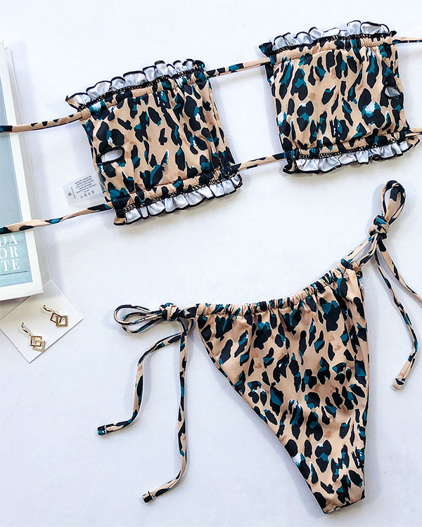 Leopard Print Ruffled Bandeau Tie Side Bikini Sets