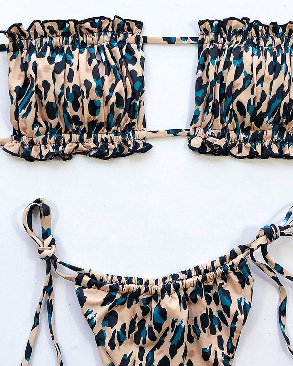 Leopard Print Ruffled Bandeau Tie Side Bikini Sets