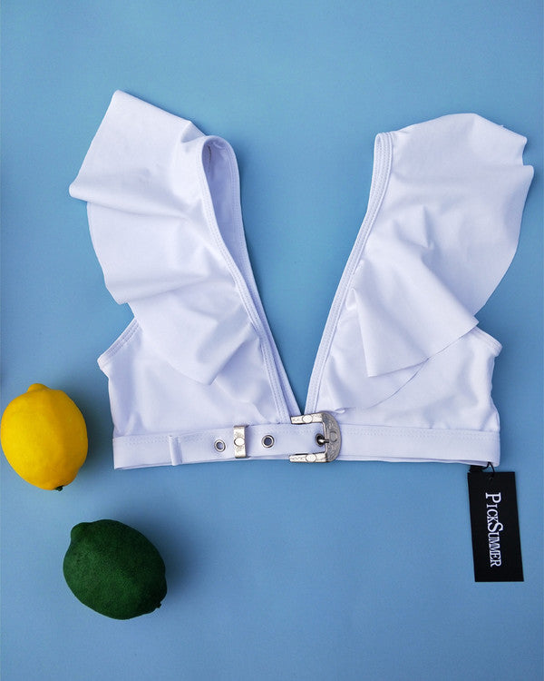 Sexy Deep V Neck Flouncing Shoulder Bikini Sets