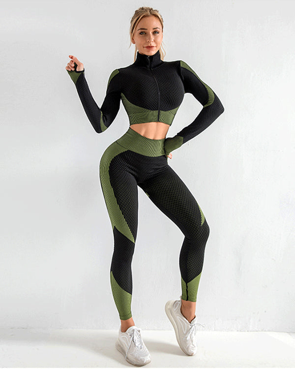 ColorBlock Stand-Up Collar Zipper Jacket And Leggings Gym Sets