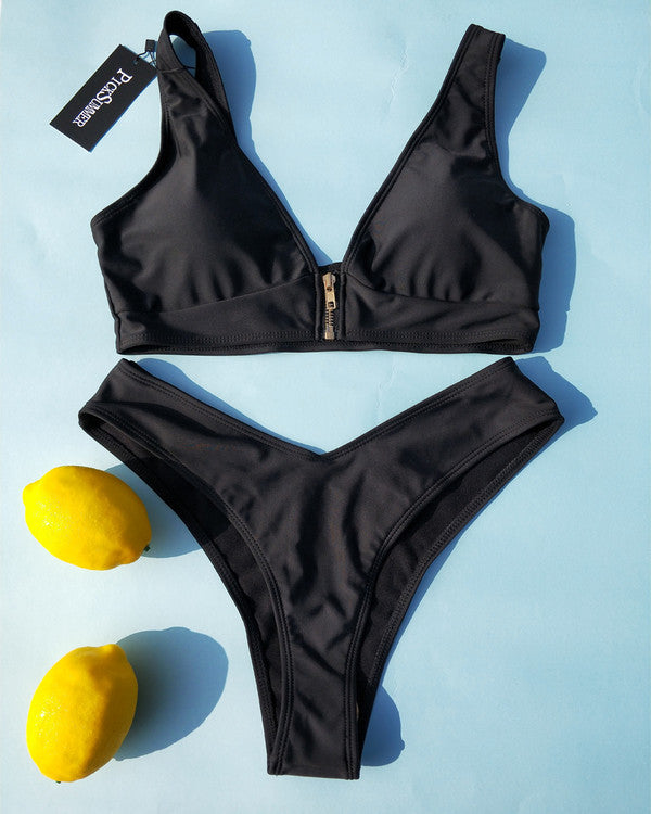 Zipper High Cut Bikini Sets