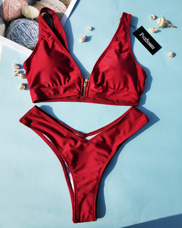 Zipper High Cut Bikini Sets