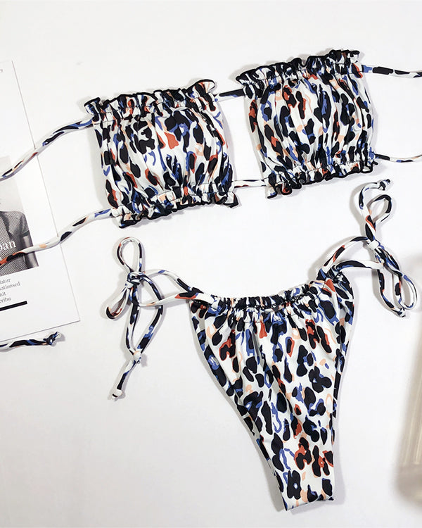 Leopard Print Ruffled Bandeau Tie Side Bikini Sets